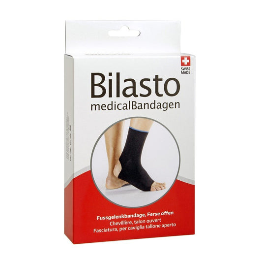 BILASTO Fussgelenkbandage M Ferse offen schw/blau