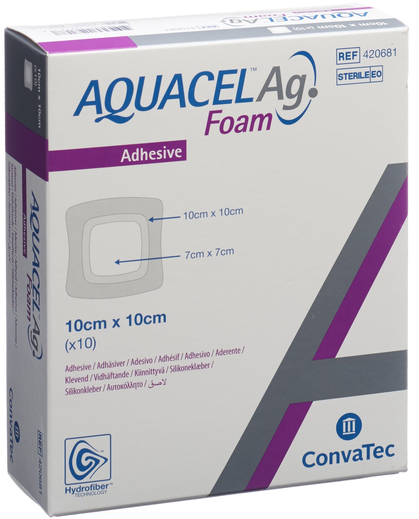 AQUACEL Ag Foam adhäsiv 10x10cm