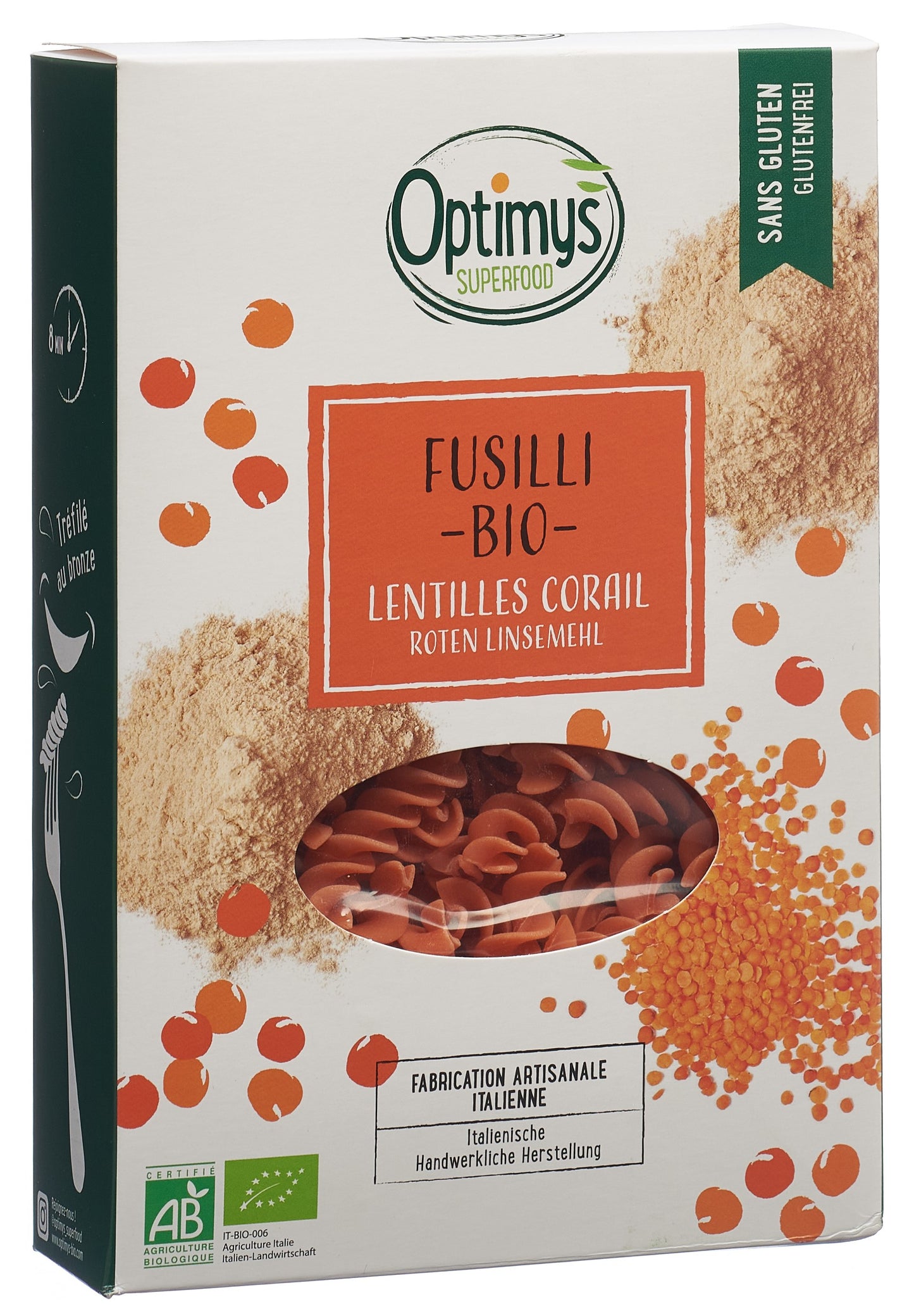 OPTIMYS rotes Linsenmehl Fusilli Bio