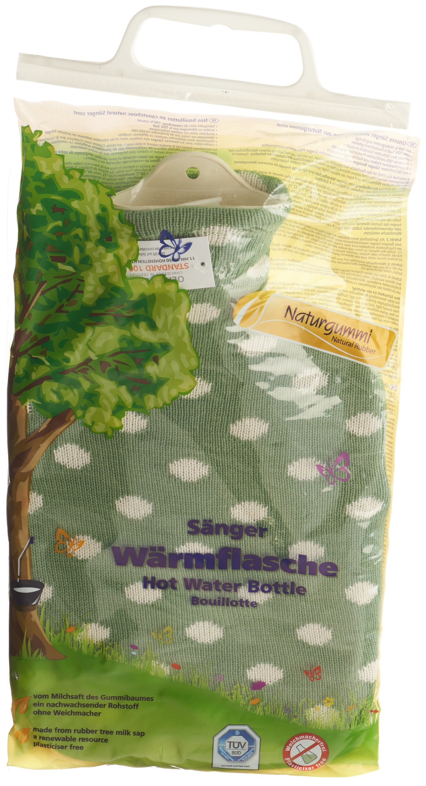 SÄNGER Wärmflasche 2l Strickbezug grün Punkte